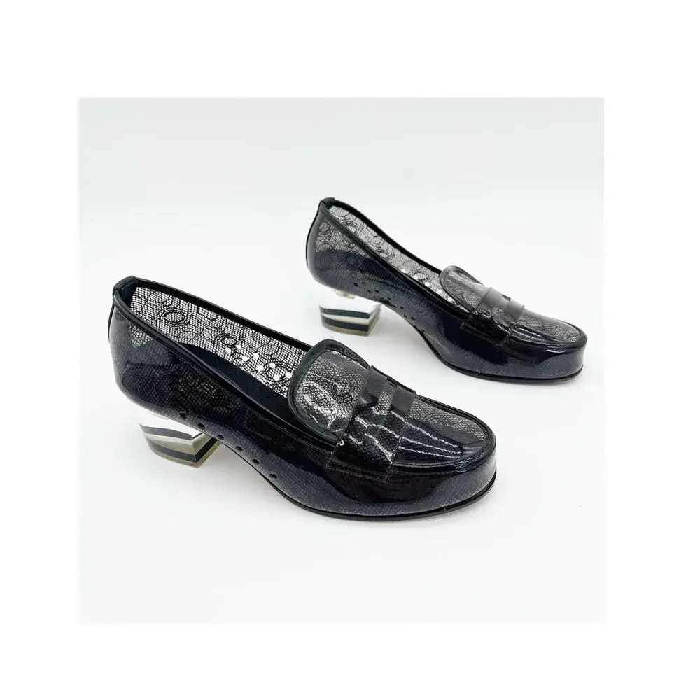 Chanel Black PVC Lace Print Transparent Sheer Block Heel Loafers Pumps EU 36.5C